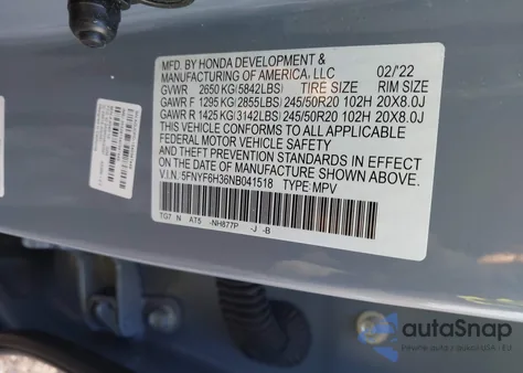 2022 Honda Pilot Awd Sport из США, поврежденный, VIN 5FNYF6H36NB041518